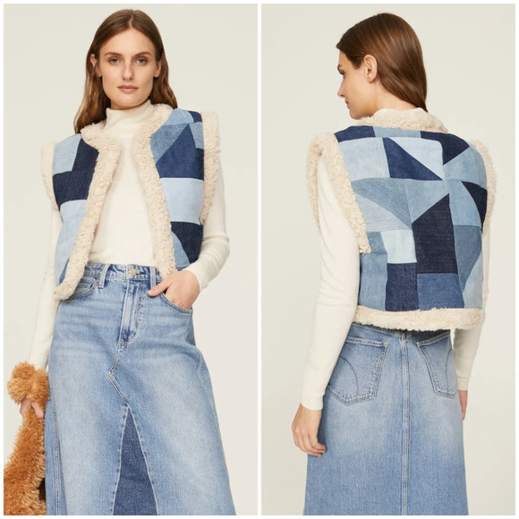 SEA New York $395 Diego Vest Denim Patchwork sherpa Fleece lined size Large - Picture 1 of 10